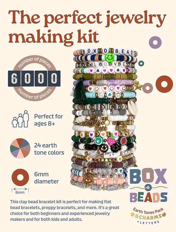Felix LeChef Clay Bead Bracelet Making Kit for Girls Ages 10-12, 6000 Pcs Jewelry Craft Set, Neutral Earth Tones Flat Clay Heishi Bead kit and Charms for Jewelry Making, Preppy Friendship Bracelets