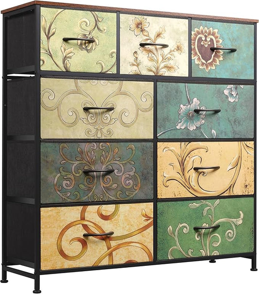 WLIVE 9-Drawer Dresser, Fabric Storage Tower for Bedroom, Hallway, Entryway, Closet, Tall Chest Organizer Unit with Fabric Bins, Steel Frame, Wood Top, Easy Pull Handle, Floral Painted