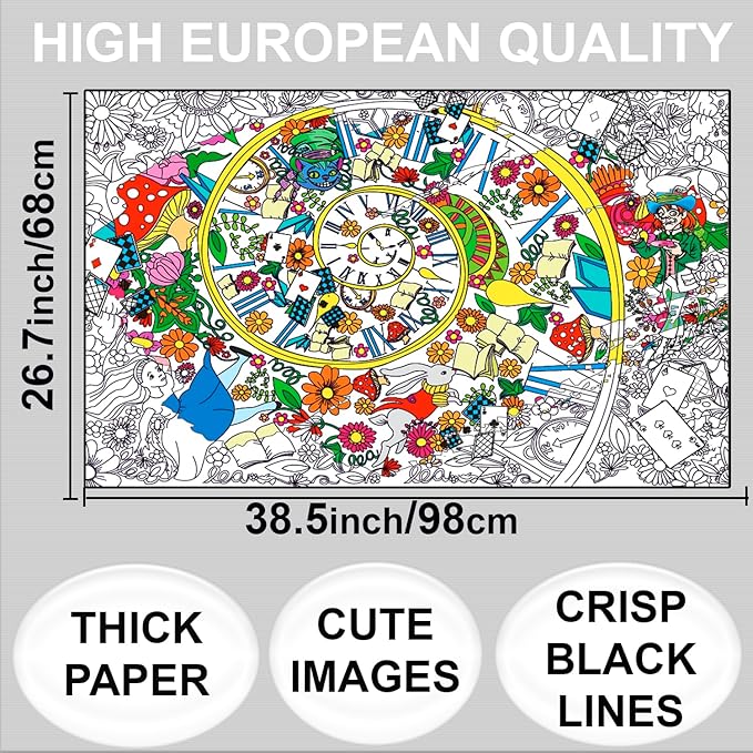 ALEX Art Giant Coloring Poster Alice in Wonderland - Extra Large Coloring Sheet - Super Huge Coloring Posters for Kids and Adults - Table Floor Big Coloring Page - Wall Size Jumbo Coloring Sheets