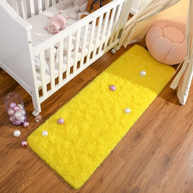 Keeko Runner Rugs for Bedroom Girls Room, 2x6 Fluffy Bedside Kids Room Rug Shag Cute Indoor Baby Rugs Fuzzy Modern Area Carpet for Teen Kid Girl Child Nursery Living Room Dorm Decor Yellow