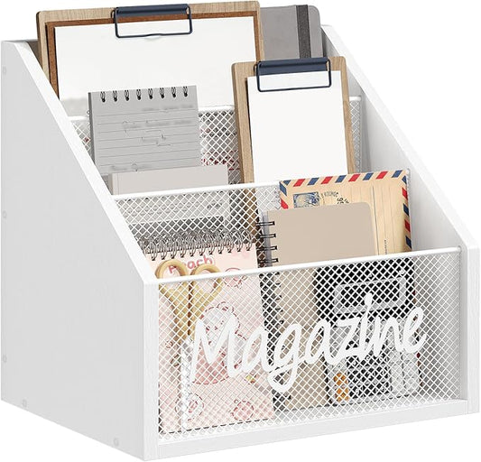 YATINEY Magazine Holder, Wood Magazine Rack Floor, Mail Organizer Countertop, Magazine Mail Holder Sorter, Record Holder for Magazines, Books, Newspapers, Tablets, White MR02WW
