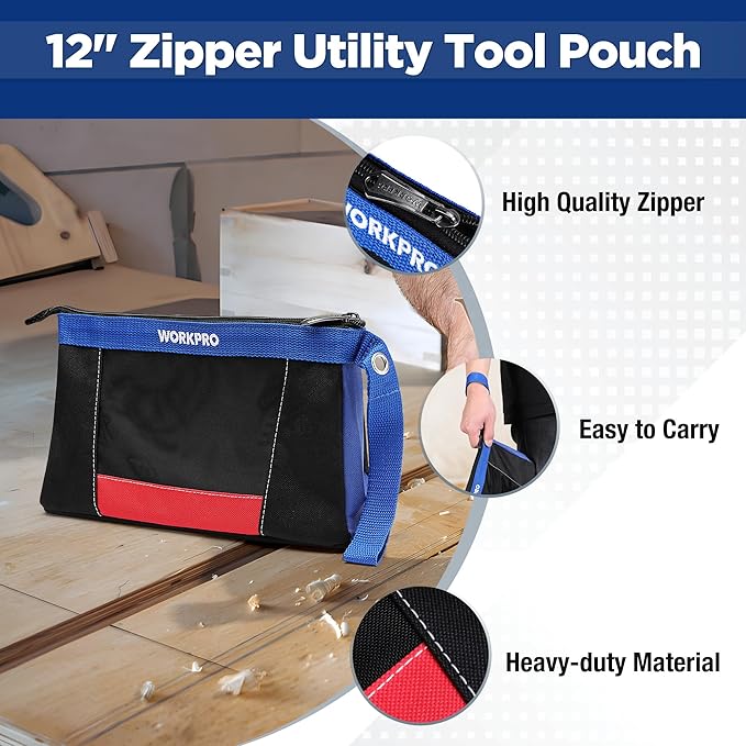 WORKPRO 12" Tool Pouches with Zipper, Utility Bag Pouch for Tool Organizers and Storage, Small Tool Bag, Multipurpose Storage pouch 2-Pack