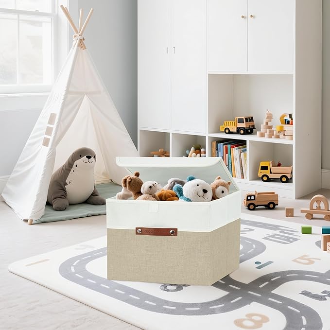 DECOMOMO Fabric Storage Bins with Lid, Storage Baskets for Shelves (Beige and White, 3 Pack)