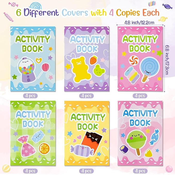 Candy Activity Books for Kids - 24Pcs Coloring Sweets Book Set Bulk Candy Search Mazes Word Scramble Games Mini Books for Birthday Candy Land Party Goodie Bags Stuffers School Classroom Favors