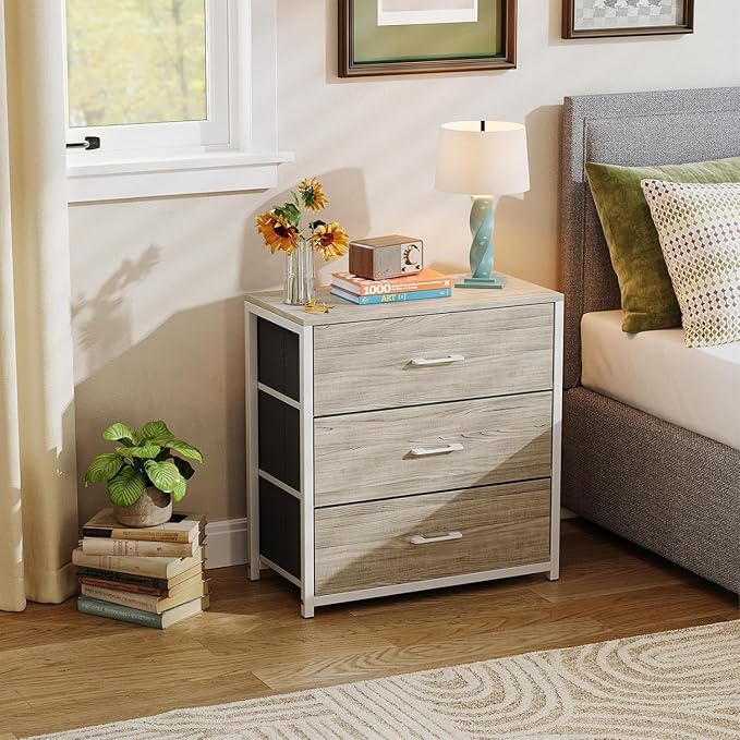 Nightstand, End Table, Bedside Table, Tall Fabric Dresser with 3 Drawer, White Drawers Small Chests of Drawers Organizer Storage Tower with Steel Frame, Wooden Top & Front for Bedroom