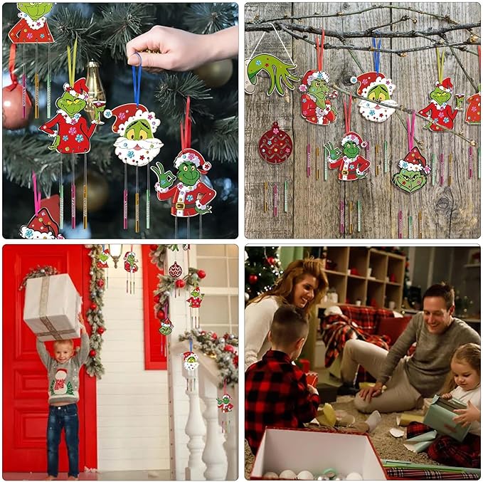 9 Pack Wind Chime Kit for Kids,Christmas Craft Kits DIY Grinch Wind Chime Unfinished Wooden Grinch Ornaments for Boys Girls Activity Art Project Christmas Tree Decoration