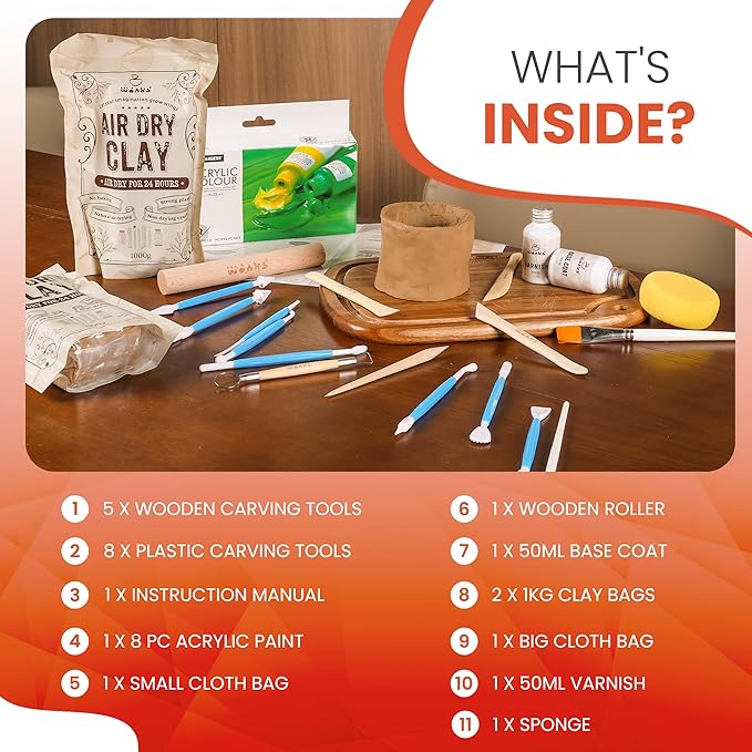 Air Dry Clay Pottery Kit for Adults & Kids - 30 Piece Kit - Acrylic Paint & Sculpting Tools Included - Carving Kit, Clay Sponge & More - A Complete Beginners Pottery Set - 2KGs of Clay Included