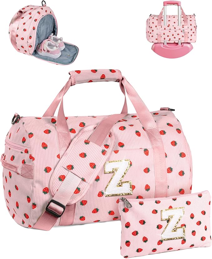 Birthday Gift for Granddaughter, Girls Gym Bag, Kids Personalized Weekend Duffel Bags with Shoe Compartment, Initial Travel Tote with Makeup Bag, Gift for Cheerleader Girl (Letter Z)