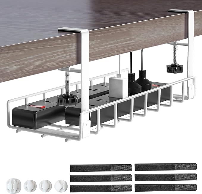 Under Desk Cable Management Tray, Xpatee Upgraded Wire Management No Drill No Screws, Cable Tray with Clamp for Wire Organizers, Computer Cord Rack for Office, Home - No Damage to Desk White