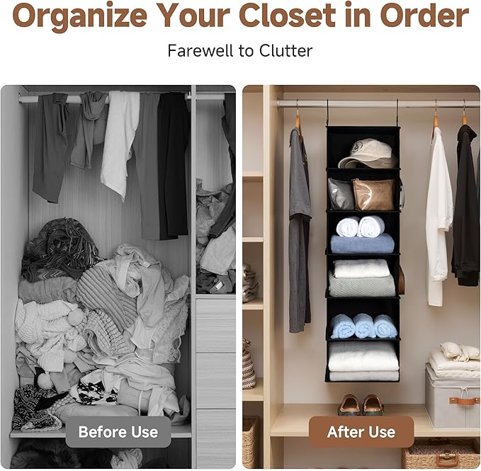 StorageWorks 6-Shelf Hanging Closet Organizers, Foldable Closet Storage Organizer with 2 Side Pockets, Portable Hanging Shelves for Wardrobe, Kid's Rooms, Dorms, RVs, 12" D x 12" W x 47 1⁄2" H, Black