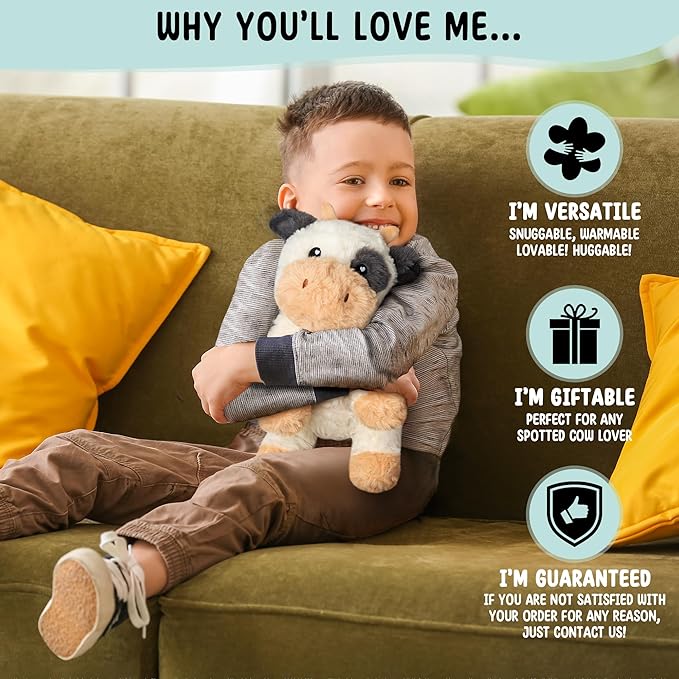 Happy Fuel Cow Microwavable & Weighted Stuffed Animals - 1.5 Lbs Unscented Heating Pad for Period Cramps Pain Relief and Anxiety, Cute Black Cow Plush Toys Gifts for Women Girls Adults and Kids