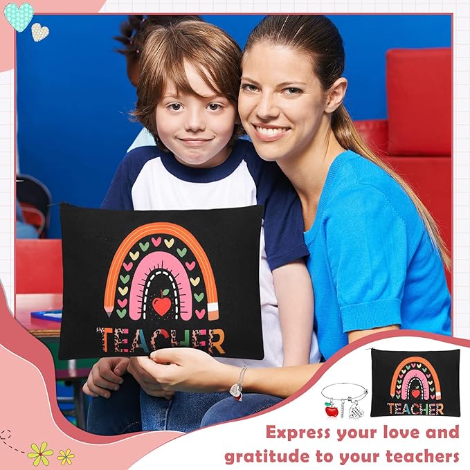 8 Pcs Teacher Appreciation Gift Set for Women, 4 Teacher Makeup Pouch Cosmetic Bags and 4 Bangle Bracelets, Christmas Valentines Thank You Gifts for Teacher (Rainbow Style)