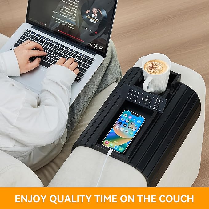 GEHE Bamboo Couch Cup Holder, Anti-Spill Sofa Arm Tray, Natural and Easy to Clean Couch Arm Cup Holder Armrest Tray Perfect for Cups, Beers, Snacks, Remote Control, Drinks