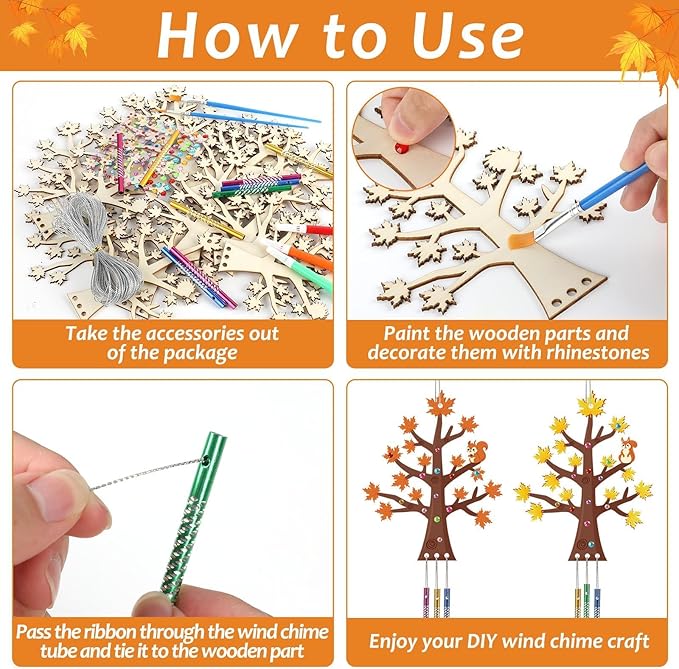 gisgfim 16 Pack Thanksgiving Fall Wind Chime Crafts Kits for Kids Make Your Own Maple Tree Wind Chime Wooden DIY Arts and Crafts for Autumn Party School Classroom Decorations Supplies Birthday Favors