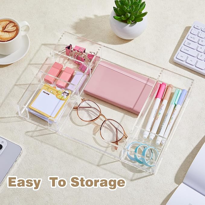 Briwooody Acrylic Drawer Organizer Clear Desk Drawer Organizer Trays with Adjustable Compartments Desk Accessories for Office Stationery Makeup Silverware Bathroom(Adjustable)