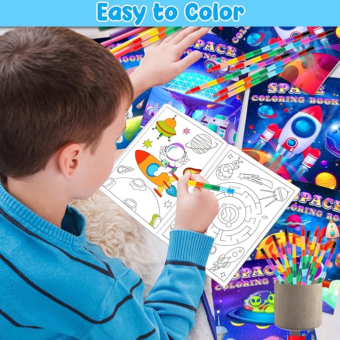 24Pcs Outer Space Coloring Books for Kids with 24 Stacking Crayons Mini Coloring Book Party Favors Bulk Gifts Alien Astronaut Small Activity Books For Birthday Party Goodie Bags Stuffer Classroom