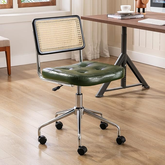Zesthouse Mid Century Home Office Chair, Armless Desk Chair with Rattan Back, Adjustable Height Task Chair Vanity Chair for Girls Women, Upholstered Swivel Chair, Green Faux Leather
