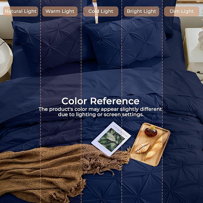 Sasttie Queen Comforter Set, 7-Piece Bed in a Bag, Pintuck Bedding Sets for All Season, Includes Comforter, Flat Sheet, Fitted Sheet, Pillowcases and Pillowshams, Navy