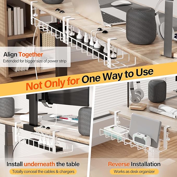 2 Pack Under Desk Tray, 31.4" No Drill Wire Management with Upgraded Clamp, Metal Cord Organizers for Desk, PC Cable Rack, White
