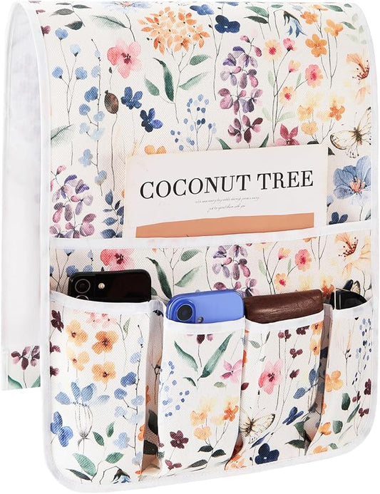 FLYILY Sofa Armrest Organizer Non-Slip Arm Chair Hanging Caddy Remote Control Holder for Magazine,Tablet, Phone, Books, Glasses(PurpleFlower,13in)