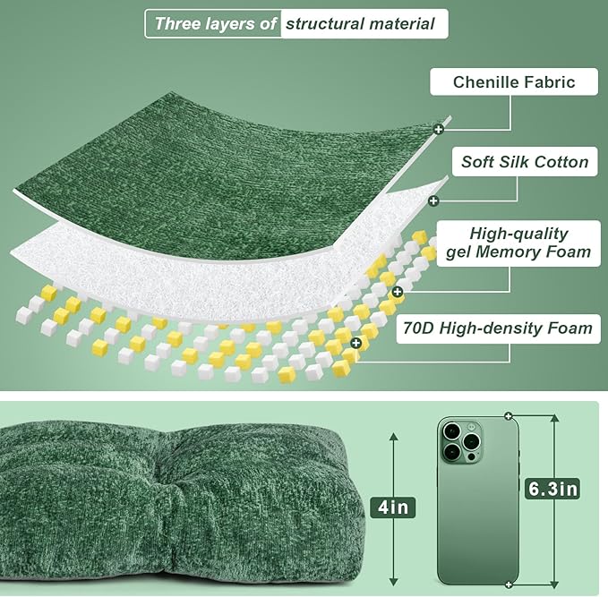 Bench Cushion 36 Inch - Luxury Chenille, High-Density Memory Foam, Non-Slip Bottom, Soft Durable Indoor Tufted Long Seat Cushion for Window Garden Furniture (Green, 36x14x4 Inch)