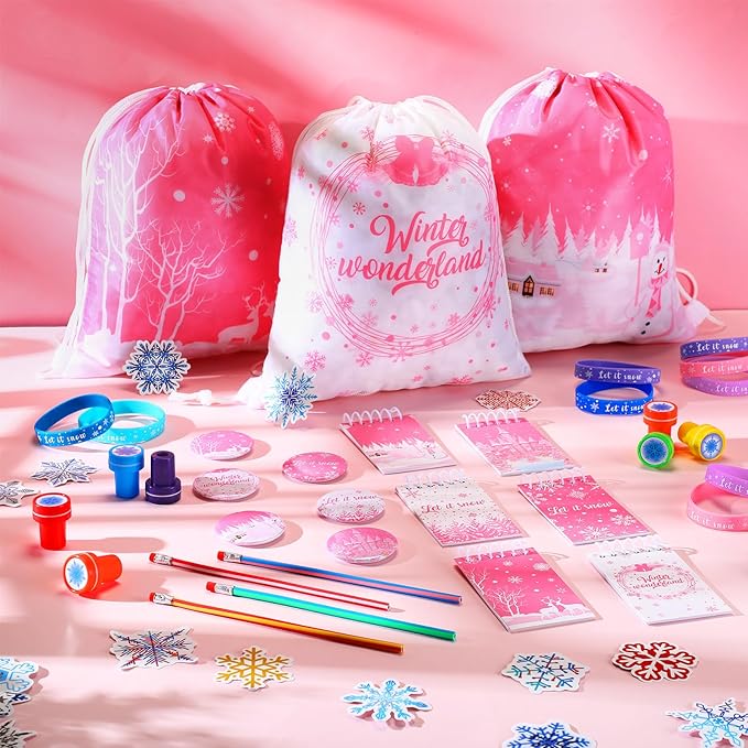 Abbylike 140 Pcs Winter Party Favors Christmas Gifts for Kids Snowflake Wonderland Party Favors Supplies Birthday Notebook Bracelet Stamper Sticker Drawstring Bag Pencil Button Pin Keychain