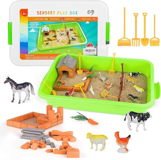 Farm Sensory Toys, Sensory Bins for Toddlers, Preschool Farm Sensory Toys with Sensory Sand, Bricks, Farm Animals, Farm Tools,Farm Sand Play Set for Boys and Grils……