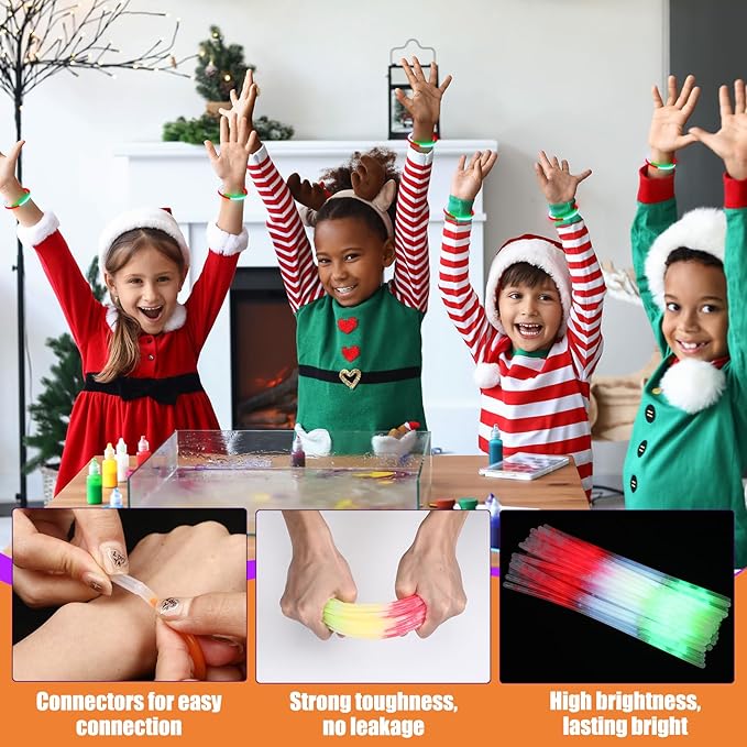 Hanaive 200 Pcs Christmas 8'' Glow Stick Bracelet Bulk Red Green White Glow Stick Bracelet Glow in the Dark Christmas Party Supplies Light up Bracelet for Neon Birthday Memorial Day Favors