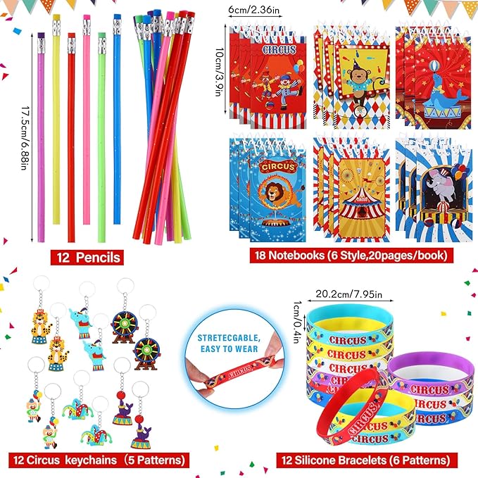 Cholemy 91 Pcs Circus Carnival Party Favors Include Circus Clown Animal Keychains Rubber Bracelets Stickers Button Pins Mini Notebooks Drawstring Bags Backpack Flexible Soft Pencil for Party