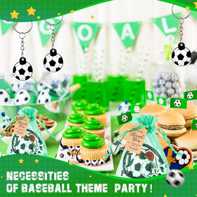 130 Pcs Soccer Party Favors Soccer Gift with Soccer Keychain Organza Soccer Goodie Bags Soccer Bracelet Soccer Stickers Kraft Tag Soccer Party Decorations for Boys Girls Birthday Sports Events
