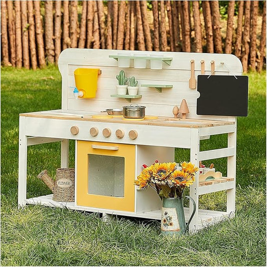 Giant bean Mud Kitchen for Kids Outdoor, Deluxe Wooden Toy Play Kitchen Set, with Sand and Water Sink, Blackboard and Kitchen Accessories for Boys and Girls Ages 3-8 Indoor & Outdoor Activities
