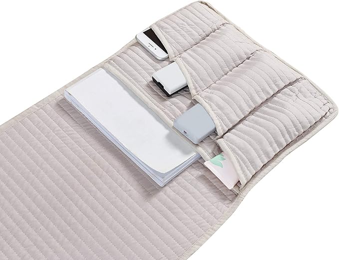 Brilliant Sunshine Premium Beige Sofa Armrest 5 Pockets Organizer, Couch Recliner Chair Caddy, 1/2" Channel Quilted, Washable Remote Controls Holder, Storage for Magazine, Tablet, 35×13", Light Beige