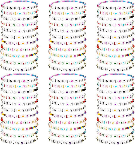 72 Pcs WWJD Bracelets Jesus You Christian Bracelets Bulk, Beaded Friendship Bracelet for Women Kid Colorful Religious Bracelets Inspirational Reminder Jewelry Gift(Jesus)