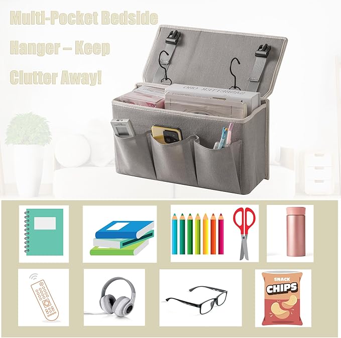 Bedside Caddy/Bedside Storage Organizer Hanging Bag with Three Options,Suitable for home beds, sofas, and dormitory beds—can hold magazines, books, phones, iPads, remote controls. (Gray)