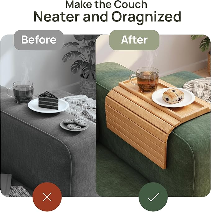 Bamboo Sofa Arm Tray – Flexible Couch Armrest Table with Non-Slip Drink Holder, Fits Straight Arm Sofas, No Assembly Required