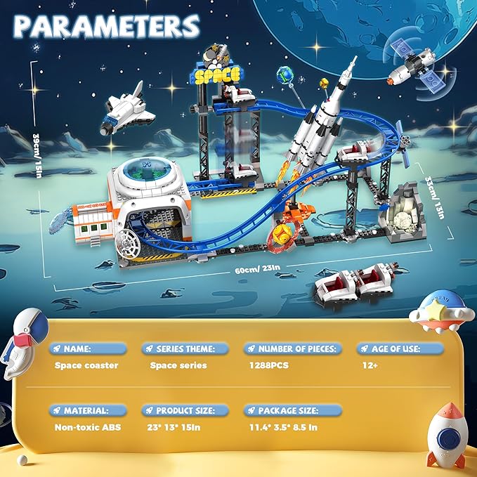 Space Roller Coaster Building Toy for Boys 12+, City Amusement Park Building Block Featuring a Roller Coaster Toy, Lift Platform, Satellites, Rocket, Christmas Toy for Kids Ages 12+, 1288Pcs