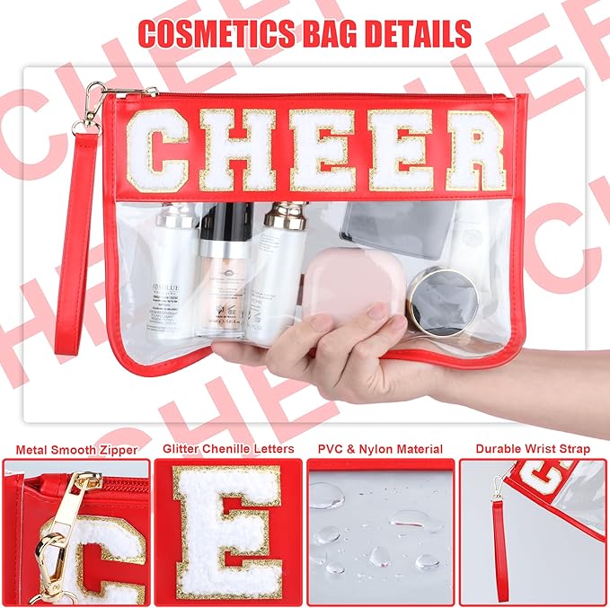 BuyCard Cheer Chenille Letter Bags Clear Makeup Bag, Cheerleader Gifts Cosmetic Bag, Varsity Preppy Patch Flat Pouch Cheer Accessories, Waterproof PVC Organizer Toiletry Bag for Women Girls Red