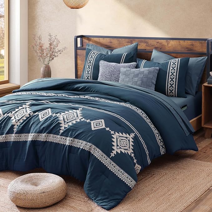 MaiRêve Embroidery Full Size Comforter Set Navy Blue, Farmhouse Western Boho Bedding Set 7 Pieces, All Season Bed in A Bag Comforter Set with Sheets, Pillowcases & Shams