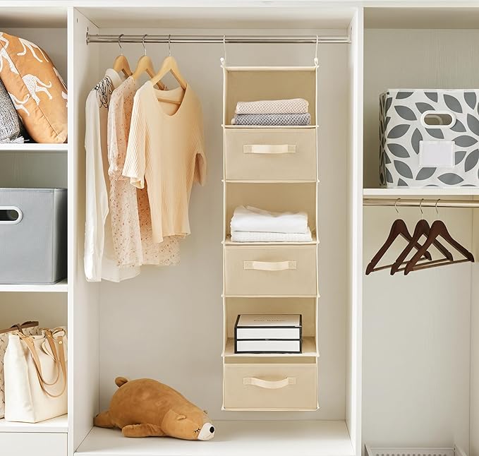 MAX Houser 6 Tier Shelf Hanging Closet Organizer, Closet Hanging Shelf with 2 Sturdy Hooks for Storage, Foldable (Beige-D3)