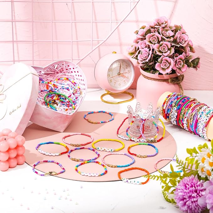 64 Pcs Kids Friendship Beaded Bracelets for Girls Jewelry Letter Beads Bracelets Bulk Colorful Cute Stretchy Rainbow Princess Dress up Gifts(Cute)