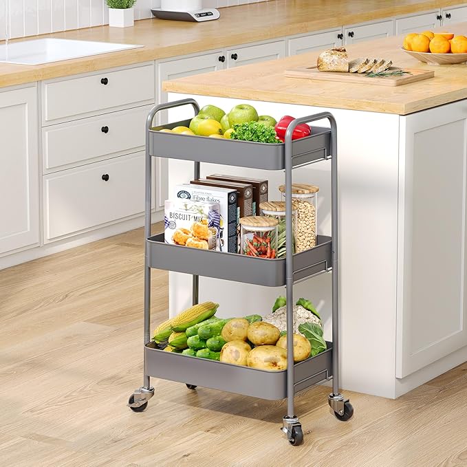 TOOLF 3-Tier Metal Rolling Cart with Wheels, Storage Utility Organizer Cart for Kitchen, Bathroom, Office, Baby Essentials & Makeup - Lockable Casters, Easy Assembly, Large Capacity, Gray