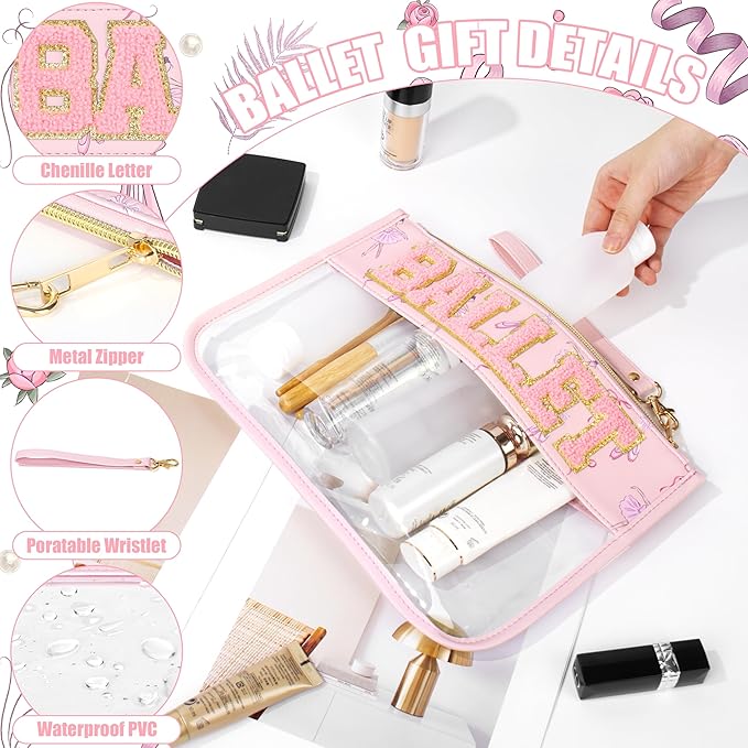 BuyCard Ballet Gifts Cosmetic Makeup Bag with Chenille Letter Patch, Clear Pouch PVC Organizer Purse, Waterproof Travel Bag, Portable Toiletry Storage Bag for Her Girls Friends Women