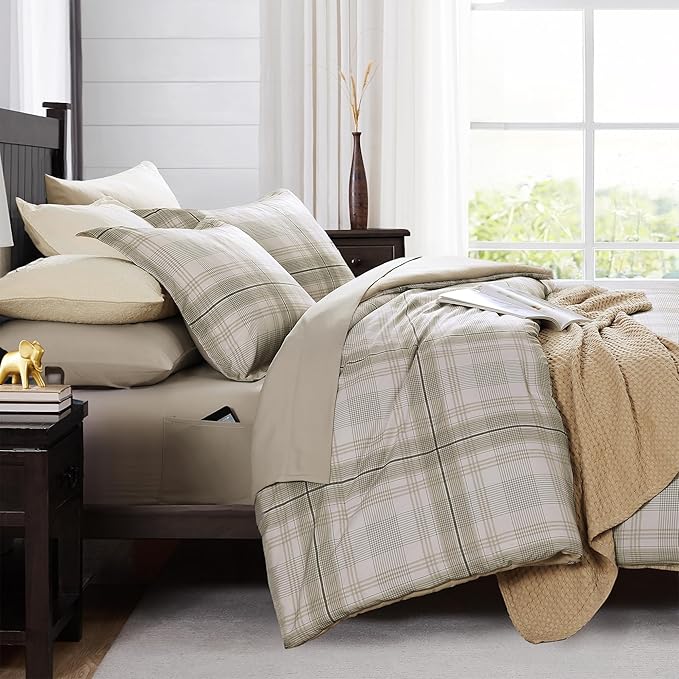 MaiRêve Plaid Twin XL Comforter Set, Khaki Green Grid Bedding Set for Boys & Girls, Classic Checkered Bed in A Bag Comforter Sets with Fitted & Flat Sheet, Pillowcase & Sham 66"x90"