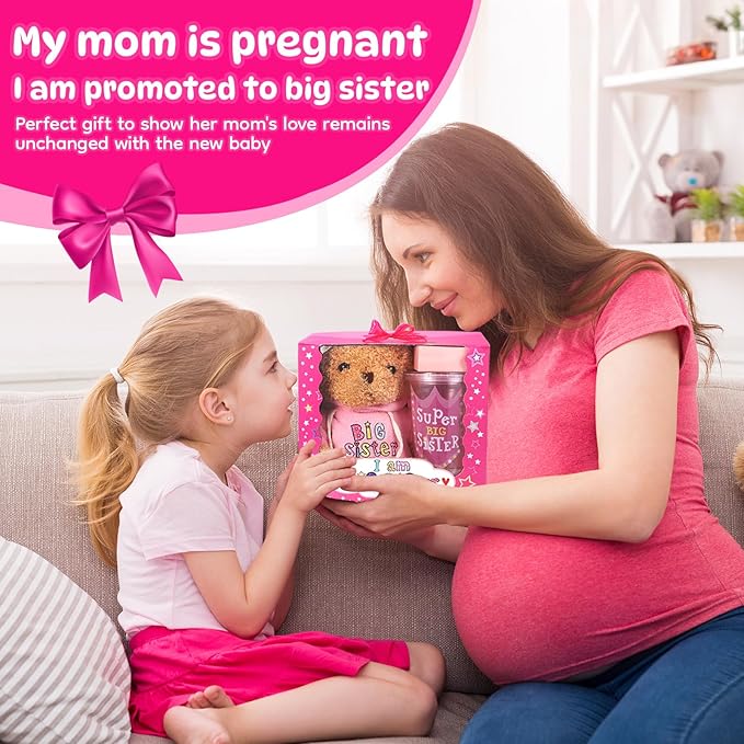 Big Sister Gifts for Girls, New Big Sister Gift Set for Little Girls Promoted to Big Sister, Includes Teddy Bear Plush Doll, Big Sister Book, Bracelet and Cup for New Sibling Arrival