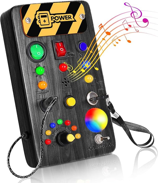 Busy Board Montessori Toys for Toddler, Wooden Sensory Board Switch Toy with Color-Changing LED Light Up Travel Toys Educational Plane Travel Activity for 1-6 Year Old Girls & Boys Gifts