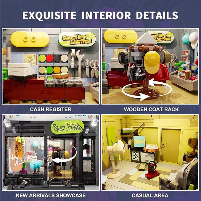 FUNWHOLE Skate-Shop Lighting Building-Bricks Set - Street Fusion City Skate Store Collection LED Light Modular Building Kit 1573 Pcs for Adults and Teen