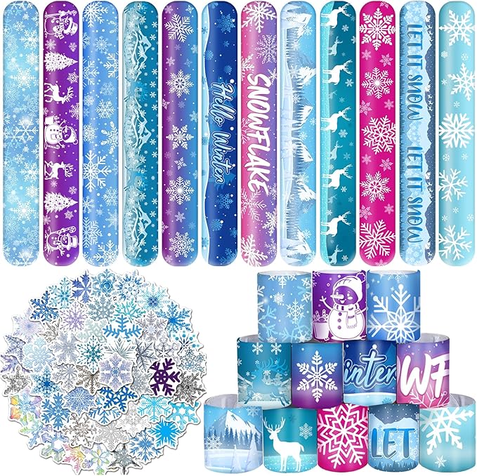 74 PCS Snowflake Party Favors, 24 PCS Snowflake Slap Bracelets 50 PCS Snowflake Stickers Snowflake Birthday Party Decorations Supplies Gifts for Kids Classroom Rewards