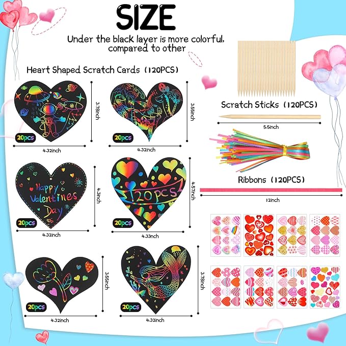 120 Pieces Valentines Day Craft Bulk for Kids Heart Scratch Paper Art with Rainbow Colors Valentine Scratch Cards,120 Heart Cards,120 Scratch Sticks,120 Ribbons, 20 Stickers