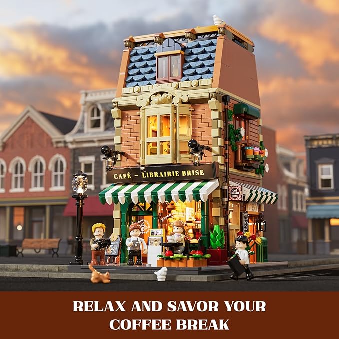 Funwhole Book-Cafe Lighting Building-Bricks Set - City Town Coffee House LED Light Modular Construction Building Model Sets 1718 Pcs for Adults and Teen