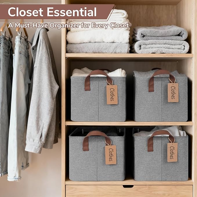 CHICVITA 4 Pack Storage Baskets for Shelves, Foldable Fabric Storage Bins with Metal Frame Handles, Closet Organizer Bins for Toys Blankets, 14.8" x 10.3" x 8.3", Gray